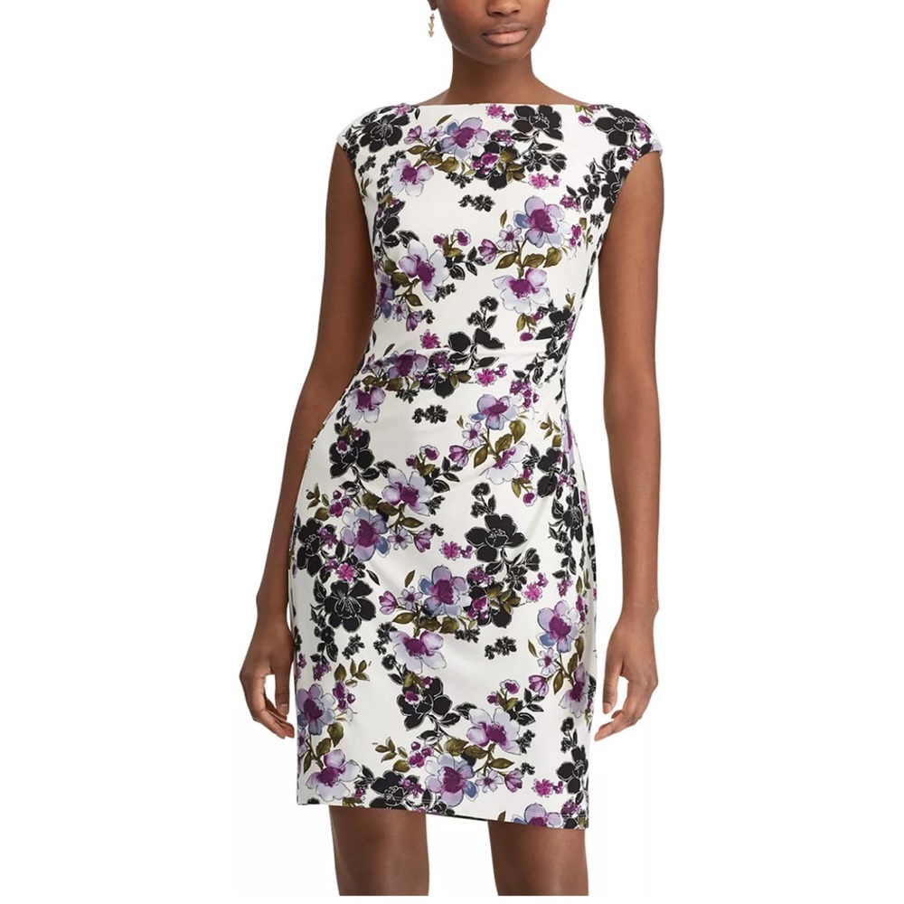 Chaps Floral Sheath Dress Boatneck Cap Sleeves Stretchy Size Large